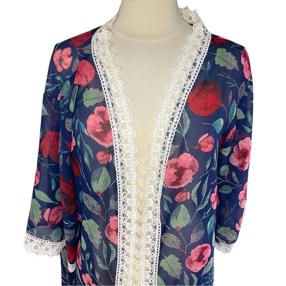 LULA ROE Chloe Lace Trimmed Chiffon Floral Longline Kimono - Picture 2 of 8